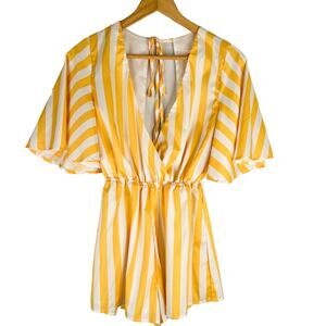 Showpo Yellow & White Striped Low Neck Flutter Sleeve Romper